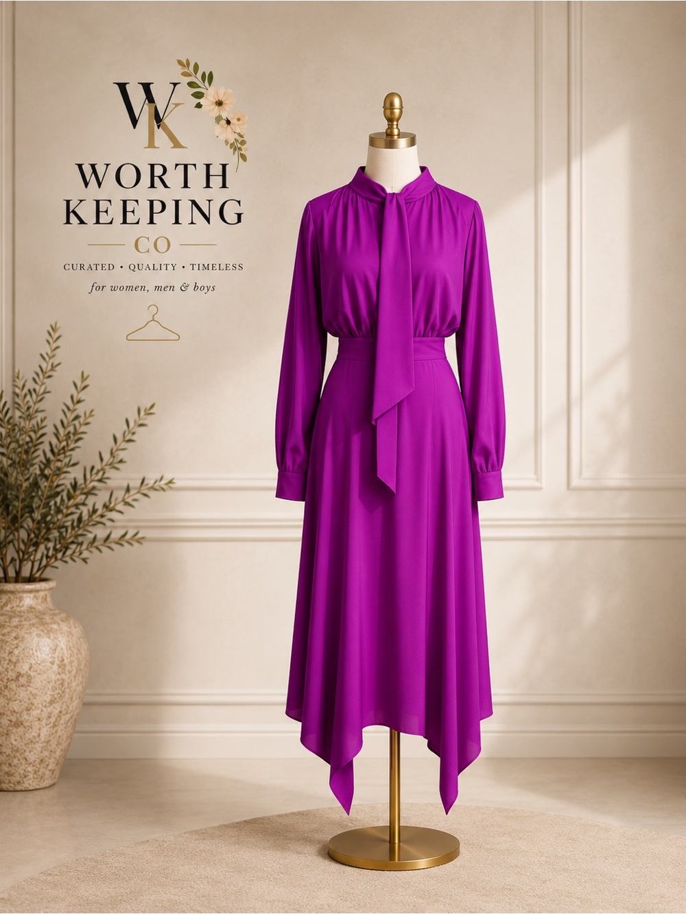 Bluzat Purple Tie Neck Midi Dress | European Designer